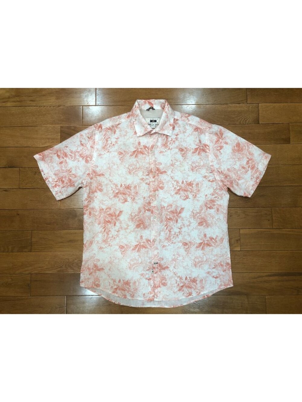 Joseph Abboud 100% Linen Coral & White Floral Button Up Shirt Beach Luxe Size M